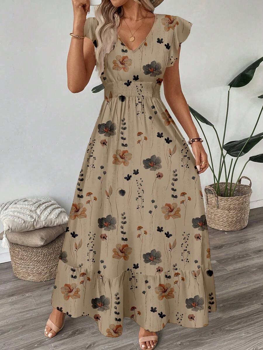 SHEIN LUNE Vestido línea A con mangas de campana, recogido en la cintura y bajo con volantes, vestido maxi casual elegante de estampado de leopardo retro, adecuado para primavera/verano, vestidos de playa para mujer, ropa bohemia, vestidos de verano para mujer - Multicolor - Ver 1