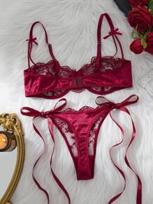 Crystal Vow 2pcs Women Burgundy Romantic Embroidery Lace-Up Sexy Lingerie Set, Thong - Burgundy - View 2
