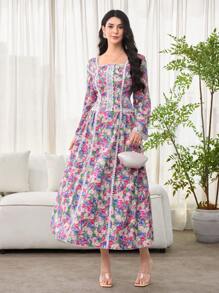 Al Najma 女士惊艳印花方领系腰阿拉伯连衣裙，端庄大方 - 彩色 - 查看 3