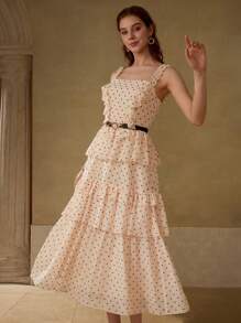 MOTF PREMIUM POLKA DOT PRINT RUFFLE TRIM SPAGHETTI STRAP MID-LENGTH DRESS - Champagne - View 6
