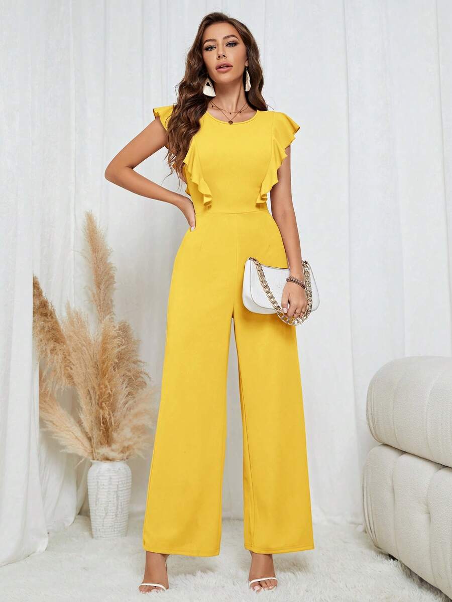 SHEIN Tall Women's Solid Color Ruffled Collar Elegant Jumpsuit, Suitable For Commuting In Summer - Yellow - View 1