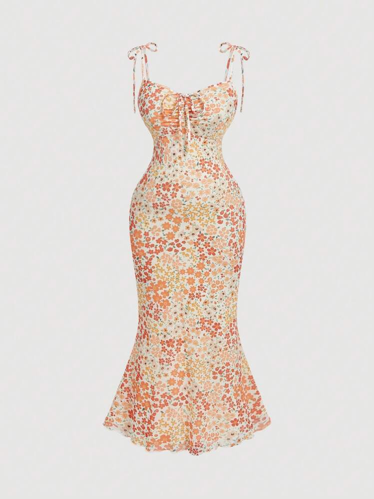 SHEIN MOD Vestido de tirantes finos con volante en el bajo y estampado, para tallas grandes, para primavera y verano - Multicolor - Añade 1