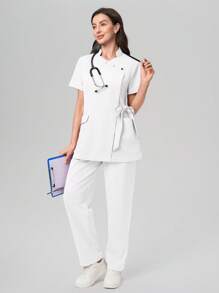 Scrubzie Wrinkle Resistant Short Sleeve Lace-Up Long Shirt And Pants Scrub Uniform Set