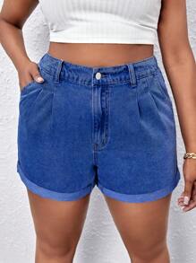 Slaydiva Plus Size Plain Pleated Pocket Design Casual Summer Denim Shorts - Dark Wash - View 4