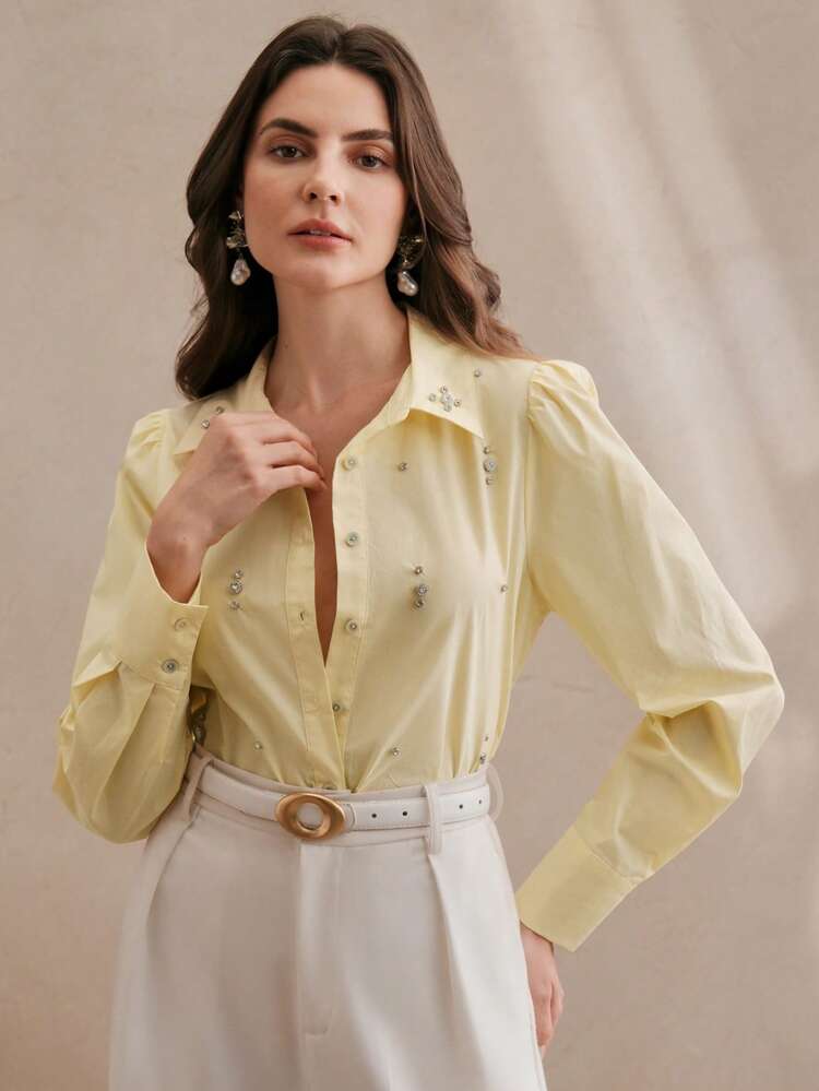 Women's Casual/Office Wear Long Sleeve Rhinestone Button Blouse Women Shirt
