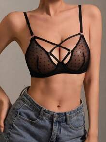 SHEIN Sujetador con diseño de tirantes cruzados, tela jacquard con malla en forma de corazón, relleno de aros cómodo, lencería de fondo delgado