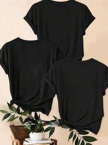 SHEIN LUNE 3 件套大码休闲 T 恤，豹纹、心形和标语印花，夏季