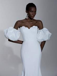 Elitara 优雅简约可拆卸荷叶边袖子和下摆美人鱼风格礼服，适合婚礼、典礼、新娘 - 白色 - 查看 5