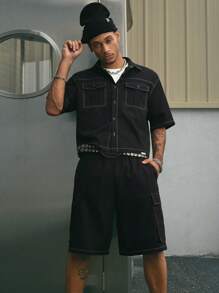 AXEPEAK 2 件套男士日常街头风 Polo 领宽松短袖衬衫和短裤套装