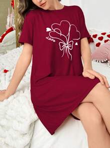 Women's Round Neck Cartoon Heart Balloon Print Short Sleeve T-Shirt Nightgown, Moo Moo Night Dress - Burgundy - View 4