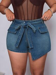 SHEIN ICON Plus Size Women Retro Washed Blue Denim Skirt Jeans - Medium Wash - View 4