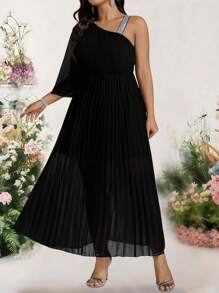 Bellastra 大码女式亮片肩带卷边优雅连衣裙 - 黑色 - 查看 5