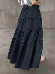 FRIFUL 女式弹力腰牛仔A字裙，带荷叶边下摆牛仔裙