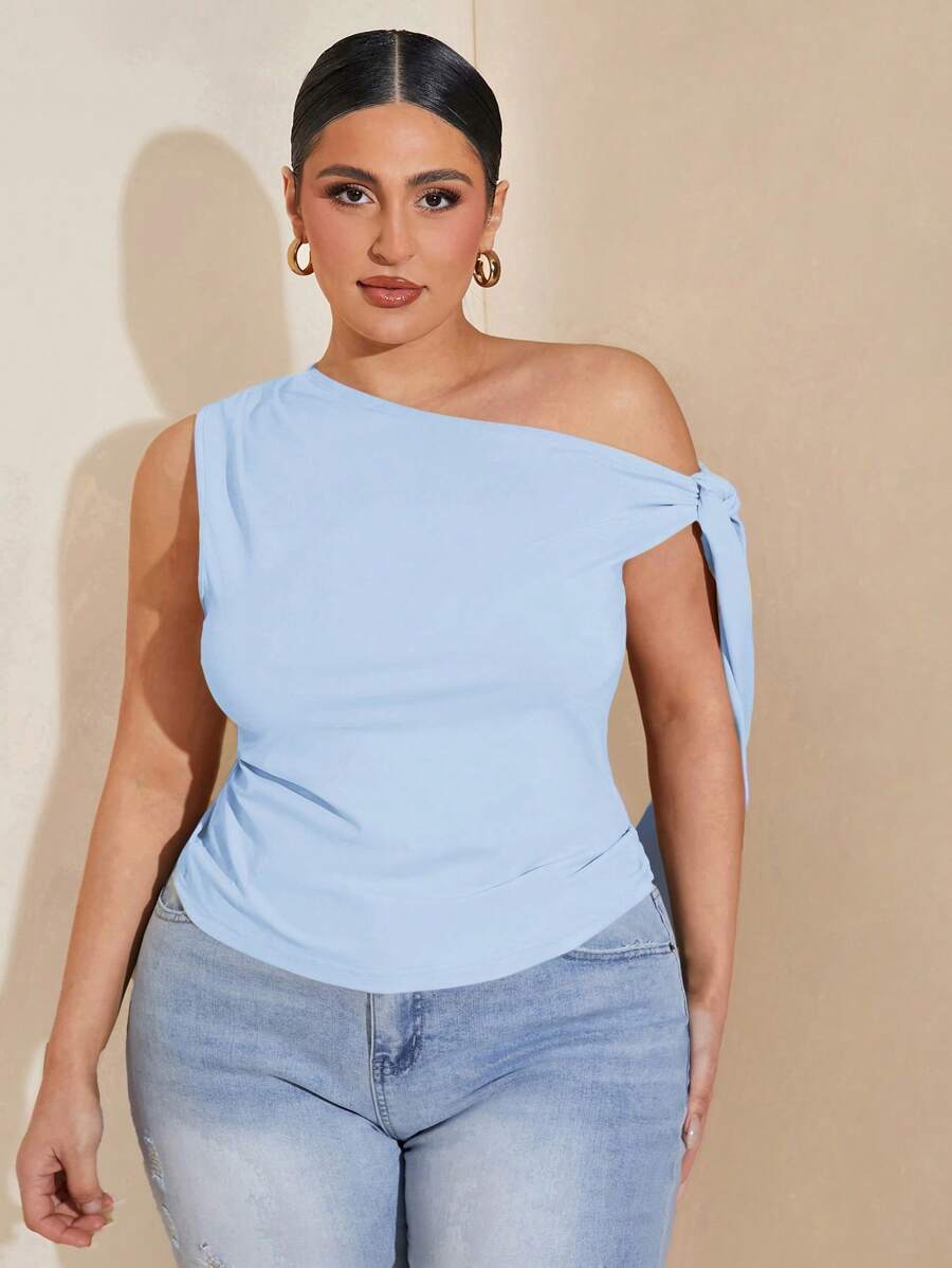 SHEIN BAE Áo kiểu lệch vai cỡ lớn dành cho nữ, thích hợp cho đi làm, hẹn hò, tiệc trà chiều, ngày Valentine, mùa hè, sinh nhật, các dịp trang trọng, tiệc tùng. - Màu xanh nhạt - Xem 1