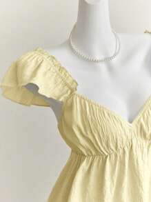 Elamini Blue Cute Ruffle Trim Cap Sleeve Sexy Low Neck Backless Cropped Camisole Top