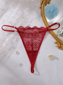 1pc Solid Color Lace Scalloped Edge G-String Panties Lingerie For Women, Sexy