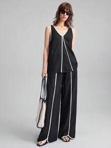 Ontre 2025 New Urban Style Black Linen-Like Material Contrast Trim 2 Pieces Set Women's Elastic Waist Pants Suit, Versatile For Music Festival, Concert, Country Music Festival, Casual, Beach, Boho Vacation, High-Quality Comfortable Fabric