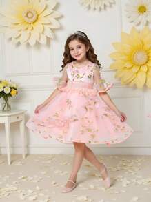 Young Girl' Lace Trim Ruffles Beaded Round Neck Short Sleeve Elegant Princess Style Embroidery Pink Puff Dress For Birthday, Wedding, School Activity, Party, Piano Recital - Pink - View 3