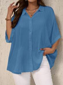 EMERY ROSE Plus Size Casual Solid Color Batwing Sleeve Shirt - Baby Blue - View 1