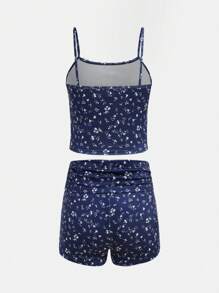 SHEIN Teen Girls Elegant Ditsy Floral Lace Trim Ruched Camisole And Ruched Shorts Soft Comfortable 2Pcs Pajama Set - Navy Blue - View 2