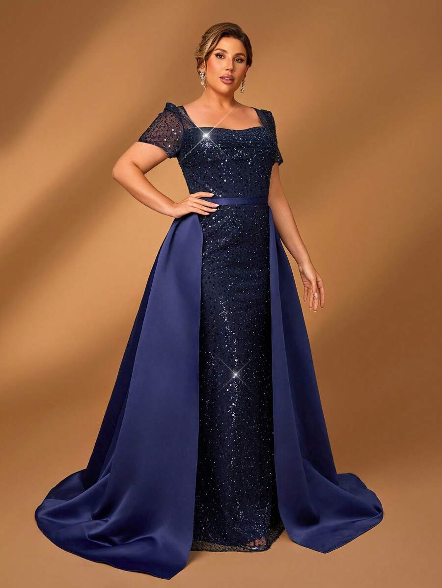 Serin Váy dài đuôi cá bằng vải satin dài tay đính hạt sequin xếp nếp sang trọng thanh lịch có thể tháo rời, thích hợp cho đám cưới, tiệc đơn, kỳ nghỉ, vũ hội, lễ hội âm nhạc, váy cô dâu và mẹ cô dâu cỡ lớn - Màu xanh hải quân - Xem 1