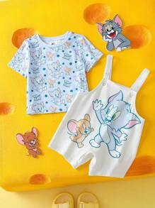 TOM & JERRY X SHEIN Baby Boy Cartoon Pattern Blue Cute & Funny Short Sleeve T-Shirt And Cute Bib Overalls Set