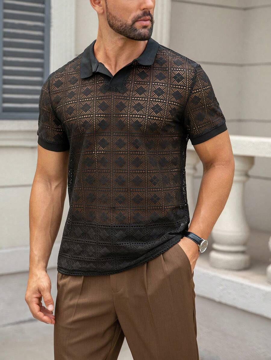 Manfinity Homme Men's Hollow Geometric Design Daily Wear Short Sleeve Polo Shirt - Black - View 1