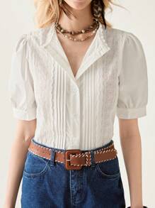 Florisole Camisa de manga corta blanca con volante en el dobladillo, blusa suelta y versátil de estilo casual