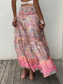 Sunnyshic Paisley Print Boho Style Long Skirt With Layered Ruffles Hem, Waistband, Elegant Ladies Summer Casual/Beach Skirt - Multicolor - View 2