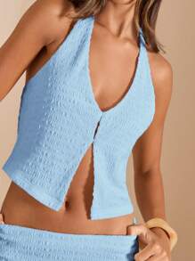 SHEIN BAE 2 件套女士夏季纯色深 V 领露背纹理吊带背心和低腰长裙套装，度假白色服装 - 淺藍色 - 查看 7