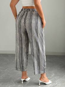 SHEIN CURVE+ 大码女式系腰条纹口袋锥形休闲裤 - 彩色 - 查看 2