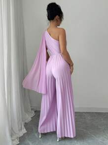 Elenzga Elegant Asymmetrical Neck Flounce Cinched Waist Wide Leg Romper For Women - Purple - View 2