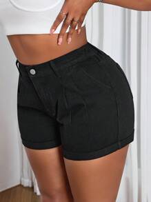 Slaydiva Plus Size Casual Washed High Waist Denim Shorts - Black - View 3