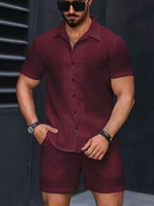 Manfinity Homme 2pcs/Set Men's Solid Color Short Sleeve Single-Breasted Shirt And Shorts Casual Outfit - Rusty Rose - View 5