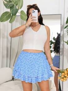 SHEIN EZwear Plus Size Ditsy Floral Dress & Shorts Set, Spring/Summer - Blue - View 1