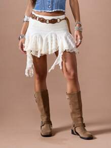 MISSGUIDED 波西米亚手工蕾丝迷你裙节日不对称荷叶边分层西式夏季裙子配装饰腰带 - 杏色 - 查看 5