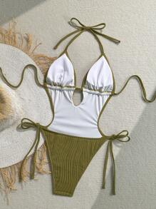 Soleia 橄榄绿色提花纹理V领露背吊带沙滩连体泳衣女士泳衣