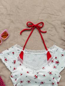 Soleia T-shirt casual d'été style ballerine femme 2 en 1 avec col, garniture de dentelle à fleurs blanches et rouges vintage et décoration nœud contrastante - Rouge et Blanc - Voir 5