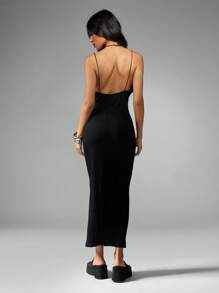 MISSGUIDED Deep V-Neck Ribbed Knit Bodycon Maxi Dress With Cross Back Evening Party Wedding Guest Stretchy Form Fitting Long Gown - Black - View 2