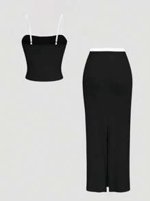 INAWLY 2 件套女士夏季休闲无袖撞色装饰吊带背心和裙子套装