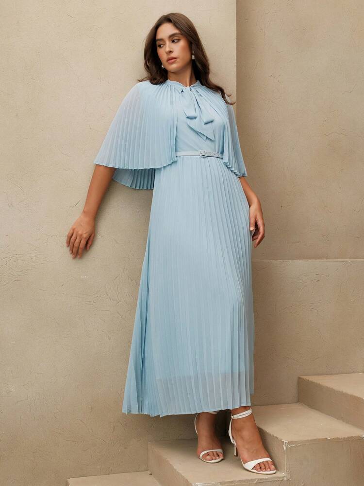 Plus Size Women Blue Wrap Front Pleated Casual Elegant Flowy Dress, Suitable For Spring, Festival