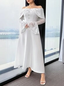 Feyla 女式露肩拼接蕾丝喇叭袖连衣裙，优雅夏日 - 白色 - 查看 5