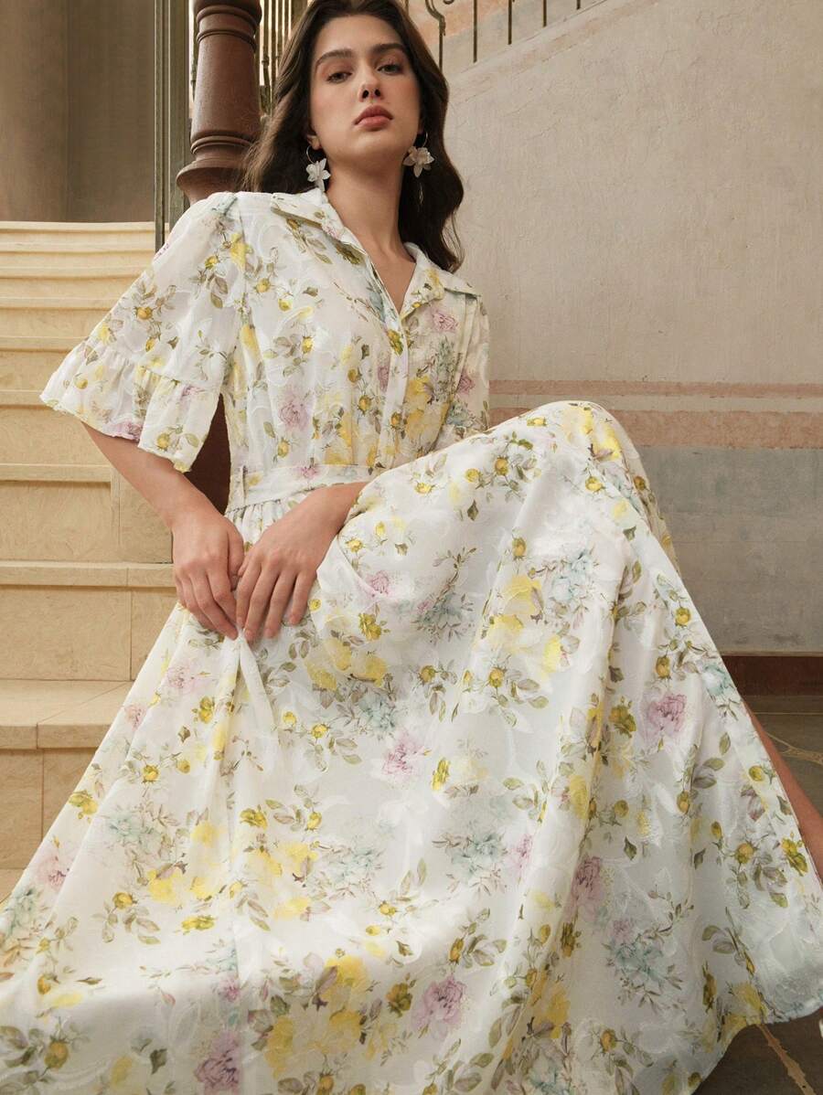 Anewsta Đầm nữ tay ngắn họa tiết hoa trơn màu thanh lịch - Màu be - Xem 1