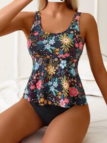 Swim Lushoire Women's Summer Floral All-Over Print Thick Strap Vest Top And Bikini Set, Beach Outfit - Multicolor - View 3