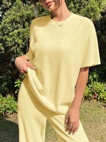 Muchica Butter Yellow Knitted Texture Loose T-Shirt And Pants Casual Set, Summer - Yellow - View 5
