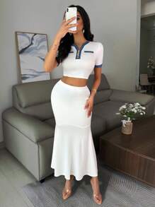 Chiquease 2件套女士短袖短款上衣和鱼尾下摆中长裙 - 白色 - 查看 6