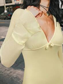 Easelle V-Neck Mesh A-Line Mini Dress For Women - Yellow - View 4