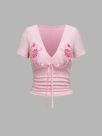 Hippie Y2K Hippie Vacation Embroidered Contrast Lace T-Shirt