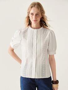 Florisole Camisa de manga corta blanca con volante en el dobladillo, blusa suelta y versátil de estilo casual