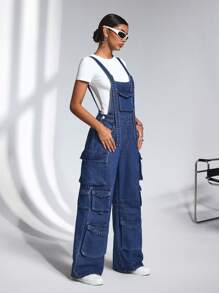 SHEIN ICON 女式实用口袋宽腿宽松休闲牛仔连体裤 - 卡其色 - 查看 4